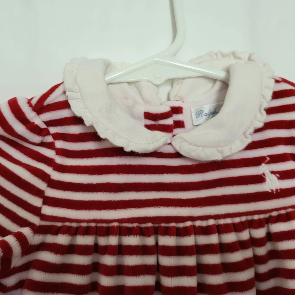 Ralph Lauren Girls Red & White Striped Velour Ruffled Neck Footed One Piece 6 Mo